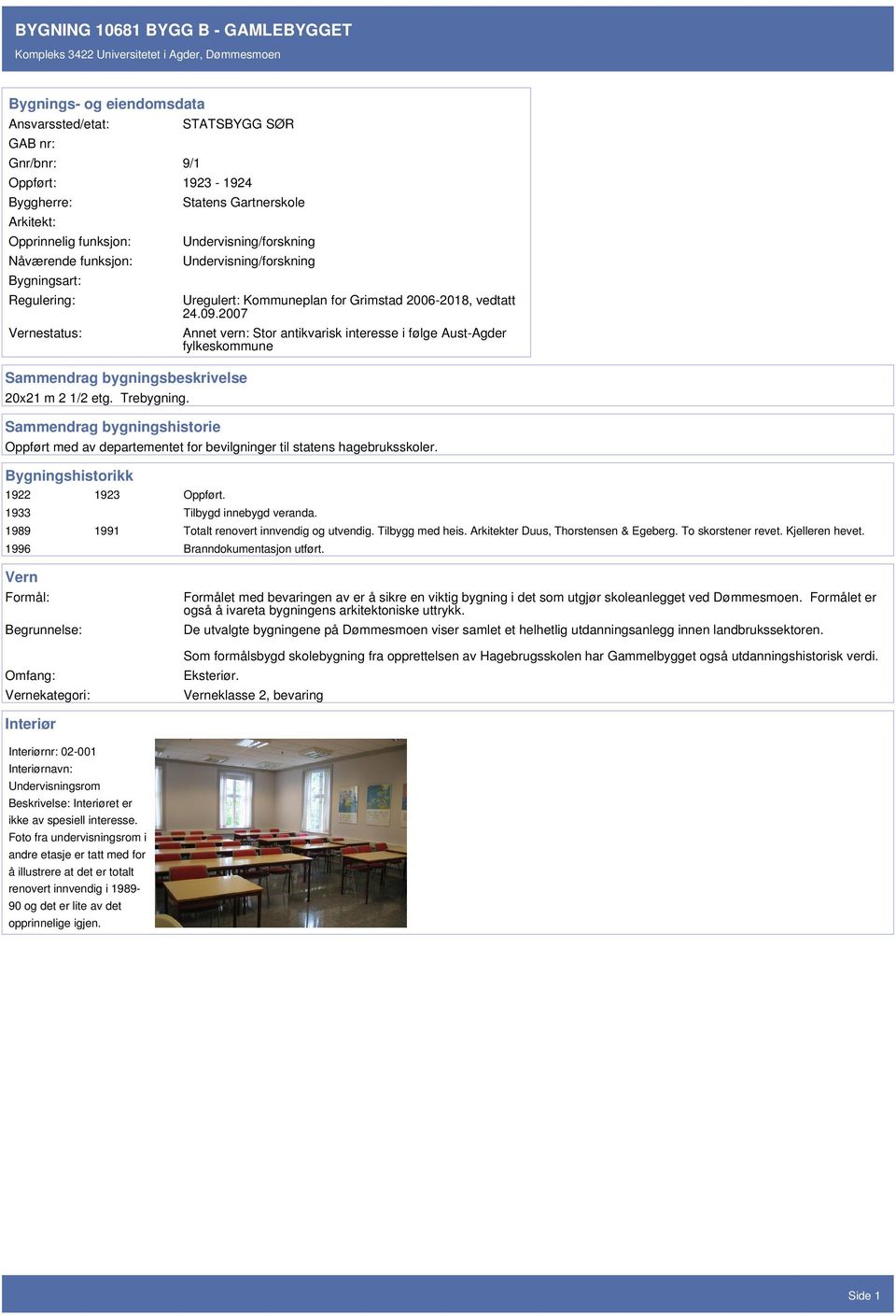Sammendrag bygningshistorie Undervisning/forskning Undervisning/forskning Uregulert: Kommuneplan for Grimstad 2006-2018, vedtatt 24.09.