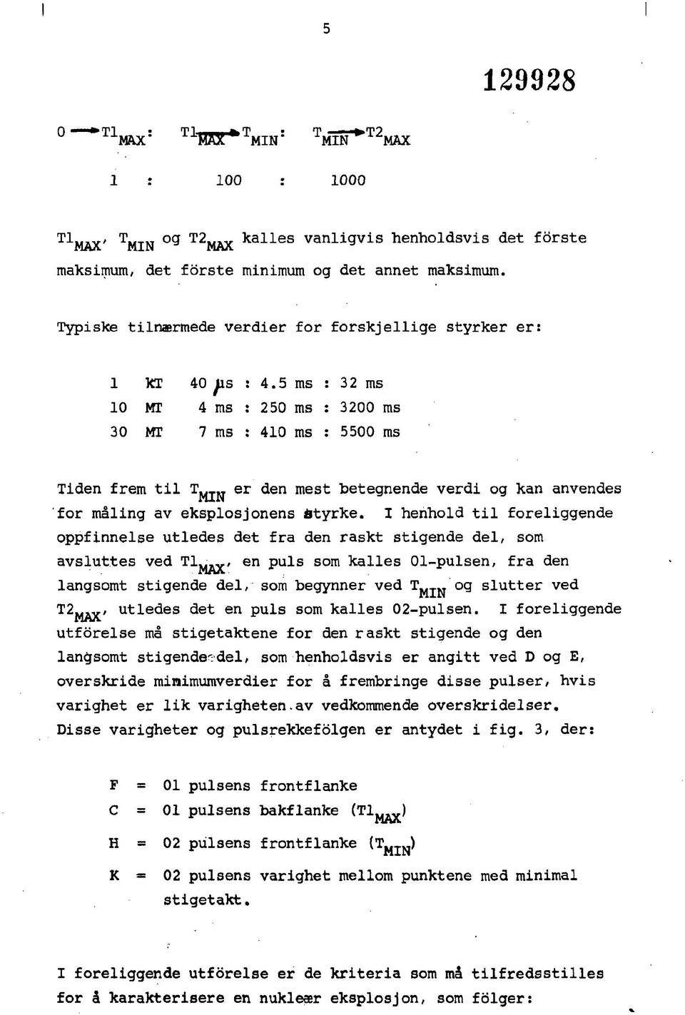 5 ms : 32 ms MI 4 ms : 25 ms : 32 ms 3 MT 7 ms : 4 ms : 55 ms Tiden frem til Tj^ er den mest betegnende verdi og kan anvendes for måling av eksplosjonens fctyrke.