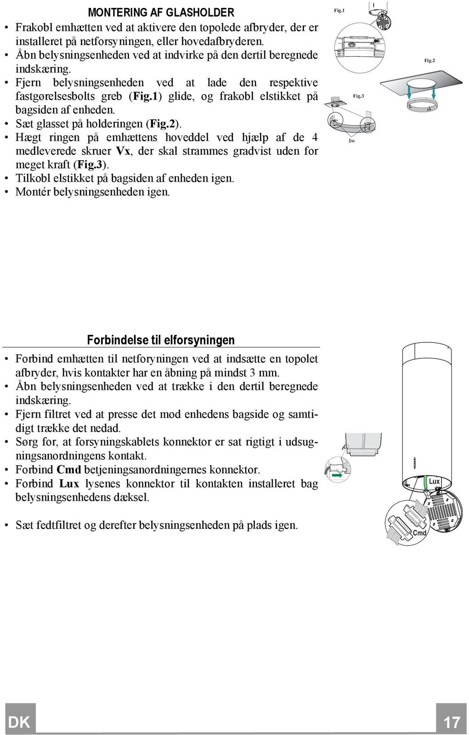 1) glide, og frakobl elstikket på bagsiden af enheden. Sæt glasset på holderingen (Fig.2).