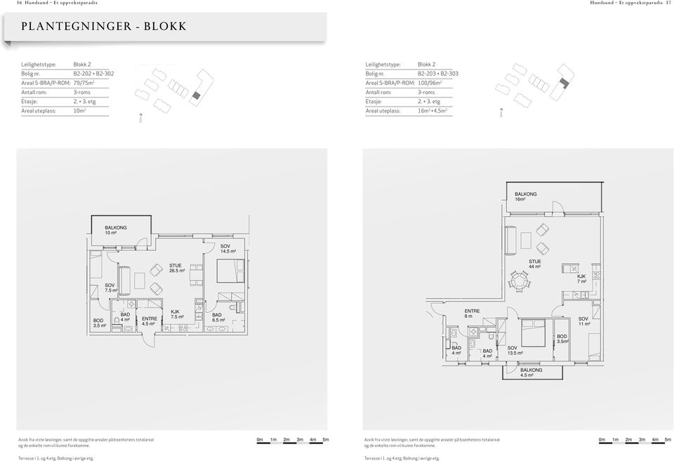 B-03 + B-303 Areal S-BRA/P-: 100/96m 3-roms. + 3. etg Areal uteplass: 16m +4,5m HUDSUD 5. TU Blokk nr. : B Leilighet nr.