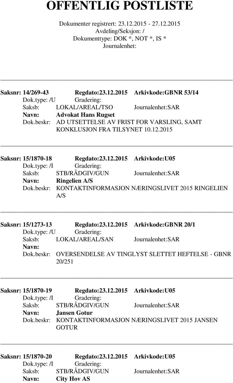 beskr: KONTAKTINFORMASJON NÆRINGSLIVET 2015 RINGELIEN A/S Saksnr: 15/1273-13 Regdato:23.12.2015 Arkivkode:GBNR 20/1 Dok.type: /U Gradering: Saksb: LOKAL/AREAL/SAN SAR Dok.