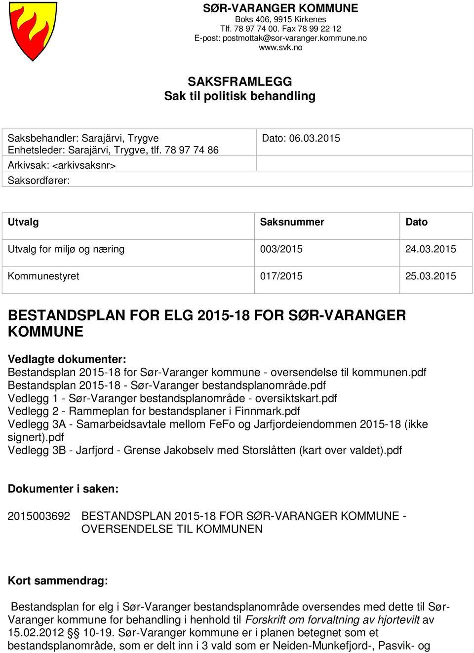 2015 Utvalg Saksnummer Dato Utvalg for miljø og næring 003/