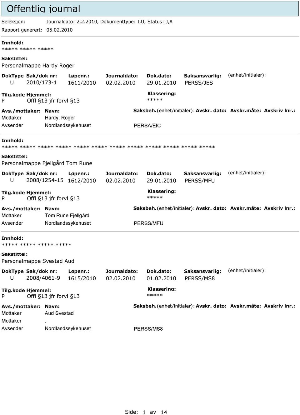 : Mottaker Hardy, Roger Avsender Nordlandssykehuset ERSA/EC nnhold: ersonalmappe Fjellgård Tom Rune U 2008/1254-15 1612/2010 29.01.2010 ERSS/MFU Avs.