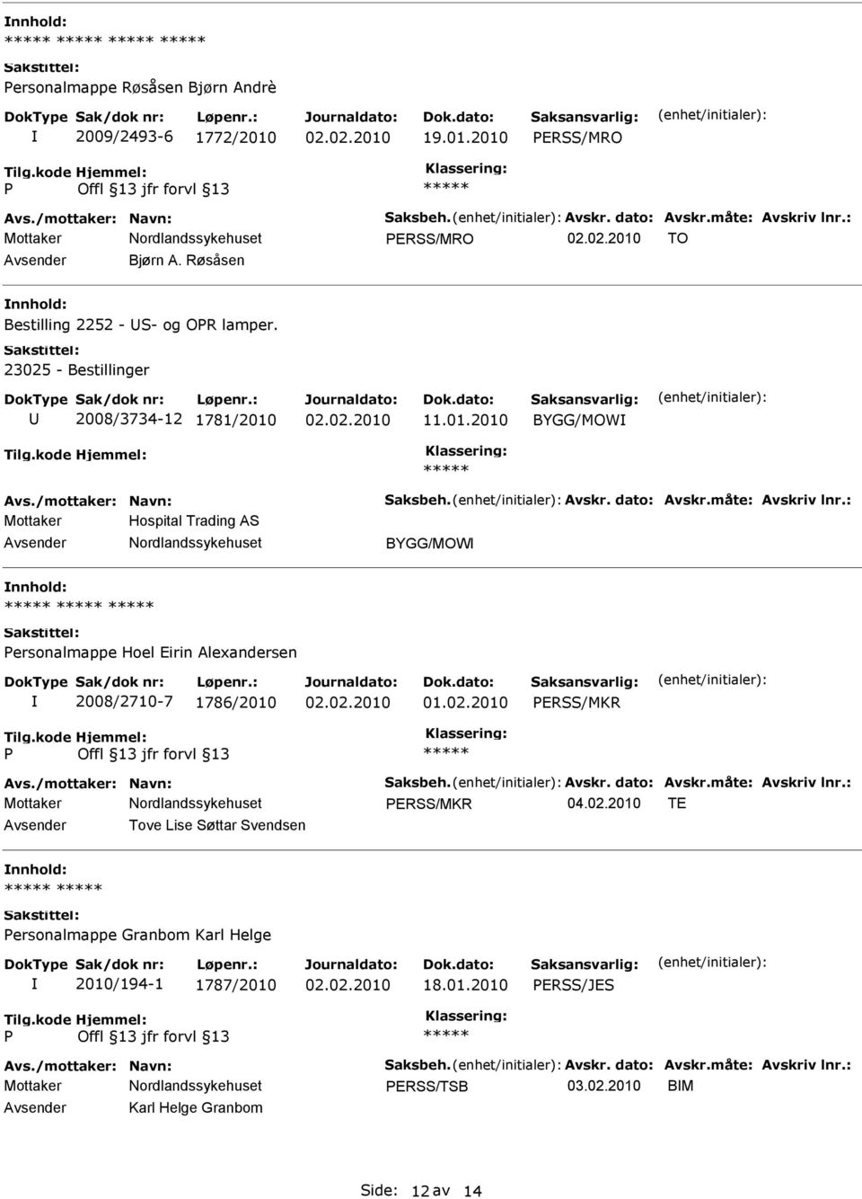 : Mottaker Hospital Trading AS Avsender Nordlandssykehuset BYGG/MOW nnhold: ersonalmappe Hoel Eirin Alexandersen 2008/2710-7 1786/2010 ERSS/MKR Avs./mottaker: Navn: Saksbeh. Avskr. dato: Avskr.