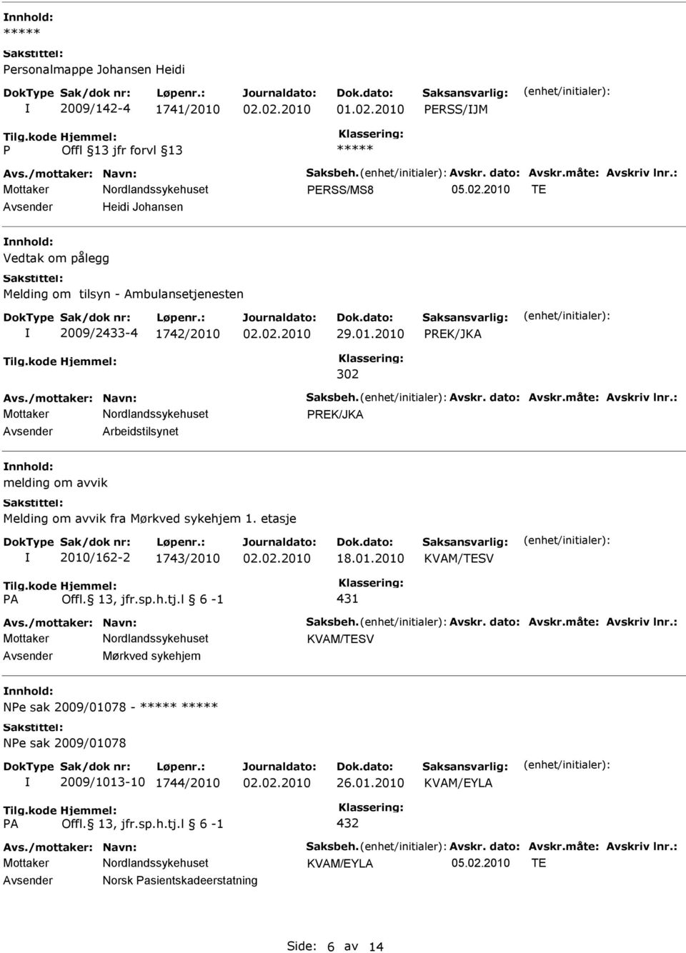 måte: Avskriv lnr.: REK/JKA Avsender Arbeidstilsynet nnhold: melding om avvik Melding om avvik fra Mørkved sykehjem 1. etasje 2010/162-2 1743/2010 18.01.2010 KVAM/TESV A Offl. 13, jfr.sp.h.tj.