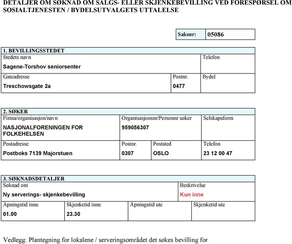 SØKER Firma/organisasjon/navn NASJONALFORENINGEN FOR FOLKEHELSEN Postadresse Postboks 7139 Majorstuen Organisasjonsnr/Personnr søker 959056307 Postnr.