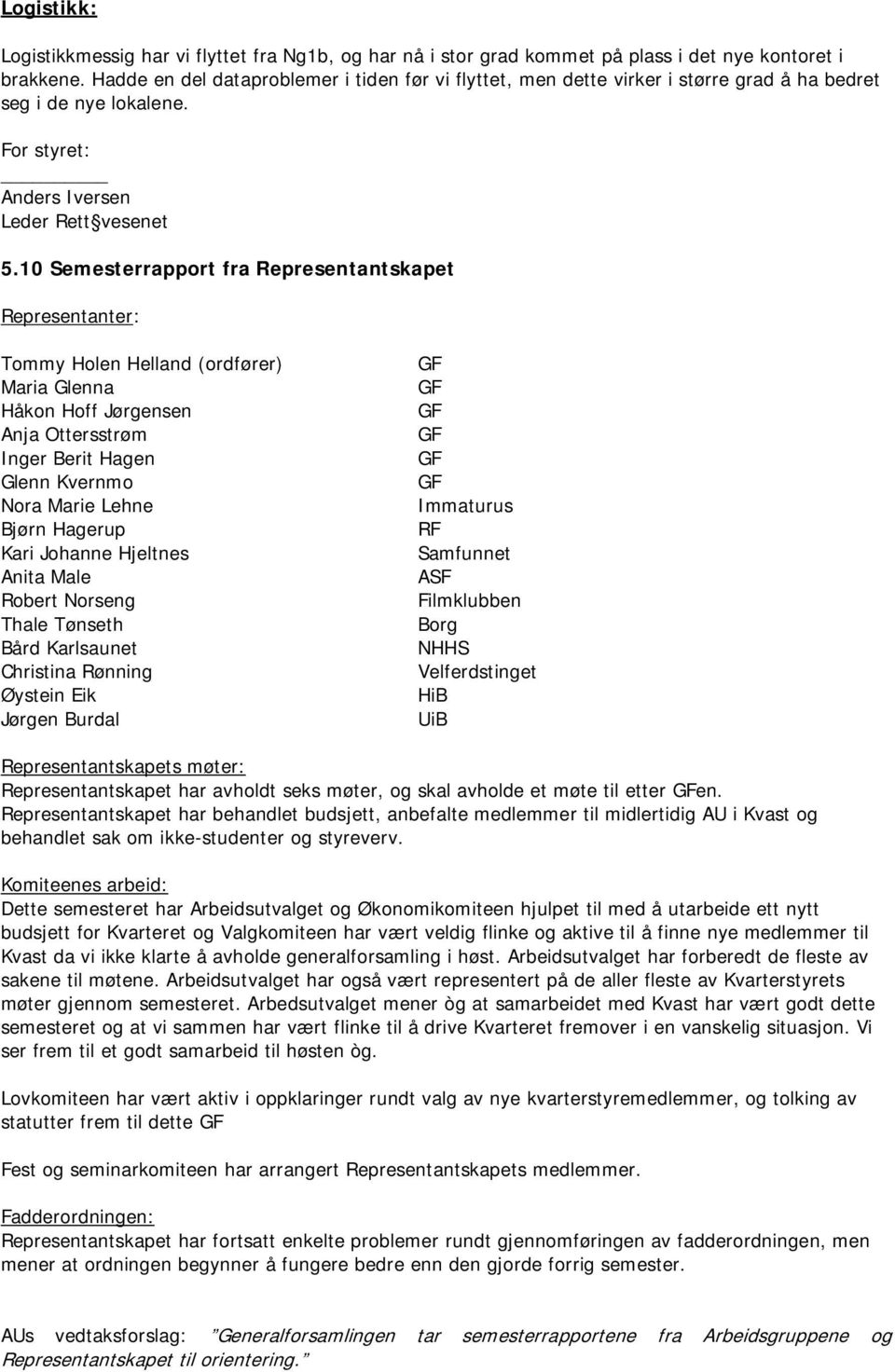 10 Semesterrapport fra Representantskapet Representanter: Tommy Holen Helland (ordfører) Maria Glenna Håkon Hoff Jørgensen Anja Ottersstrøm Inger Berit Hagen Glenn Kvernmo Nora Marie Lehne Bjørn