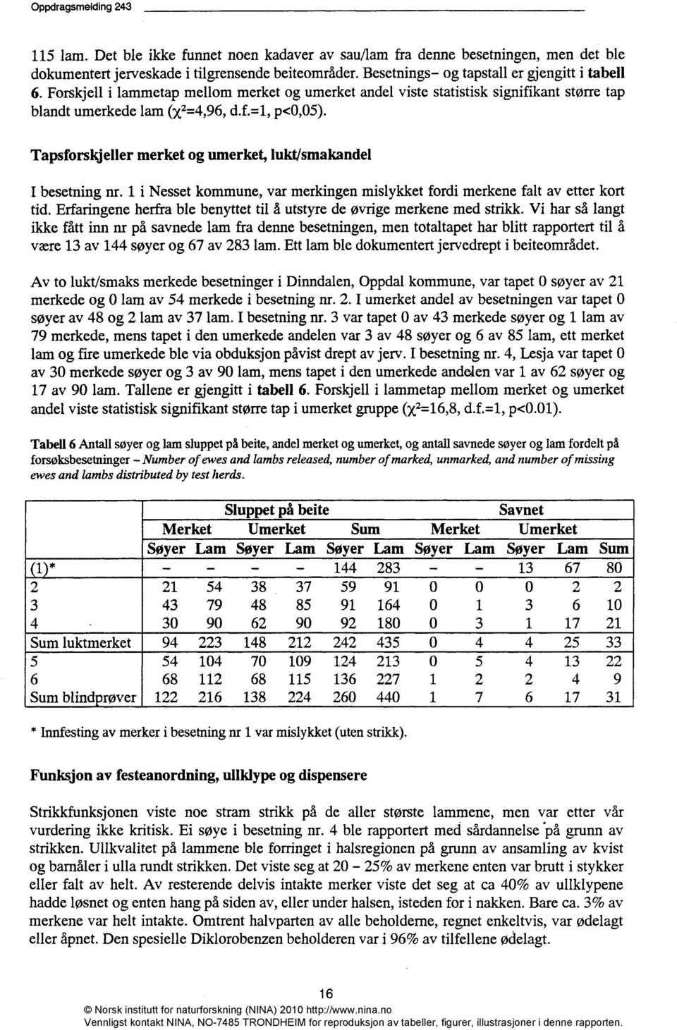 Tapsforskjeller merket og umerket, lukt/smakandel I besetning nr. 1 i Nesset kommune, var merkingen mislykket fordi merkene falt av etter kort tid.