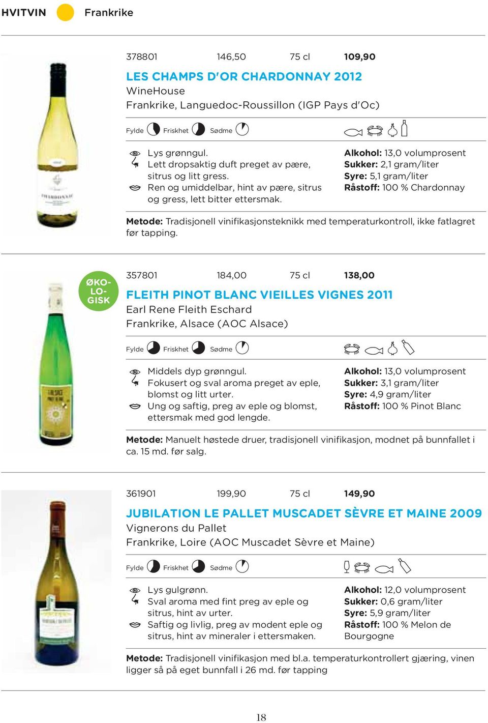 Alkohol: 13,0 volumprosent Sukker: 2,1 gram/liter Syre: 5,1 gram/liter Råstoff: 100 % Chardonnay Metode: Tradisjonell vinifikasjonsteknikk med temperaturkontroll, ikke fatlagret før tapping.