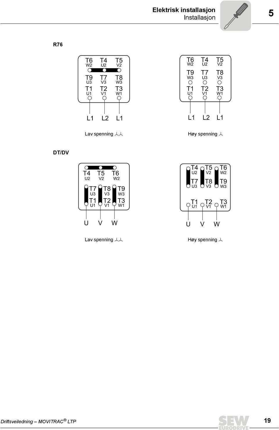 spenning Õ DT/DV T4 T5 T6 U2 V2 W2 T7 T8 T9 U3 U1 V3 V1 W3 T1 T2 T3 W1 T4 T5 T6 U2 V2 W2 T7 T8