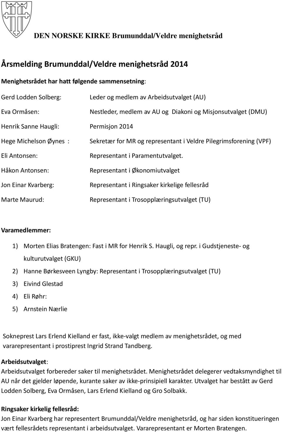 Maurud: Sekretær for MR og representant i Veldre Pilegrimsforening (VPF) Representant i Paramentutvalget.