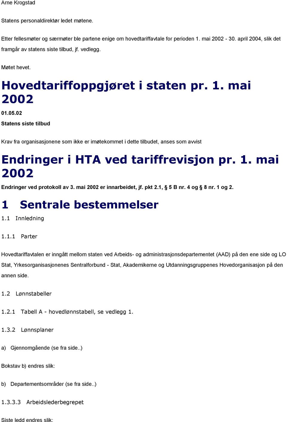 02 Statens siste tilbud Krav fra organisasjonene som ikke er imøtekommet i dette tilbudet, anses som avvist Endringer i HTA ved tariffrevisjon pr. 1. mai 2002 Endringer ved protokoll av 3.