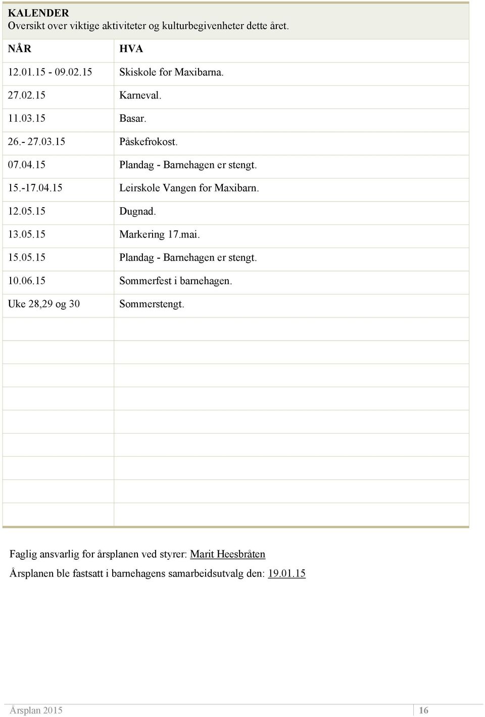15 Dugnad. 13.05.15 Markering 17.mai. 15.05.15 Plandag - Barnehagen er stengt. 10.06.15 Sommerfest i barnehagen. Uke 28,29 og 30 Sommerstengt.