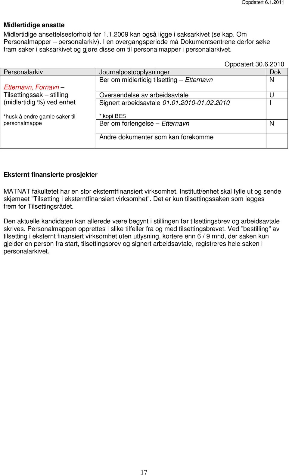 2010 Personalarkiv Journalpostopplysninger Dok Ber om midlertidig tilsetting Etternavn N Etternavn, Fornavn Tilsettingssak stilling Oversendelse av arbeidsavtale (midlertidig %) ved enhet Signert