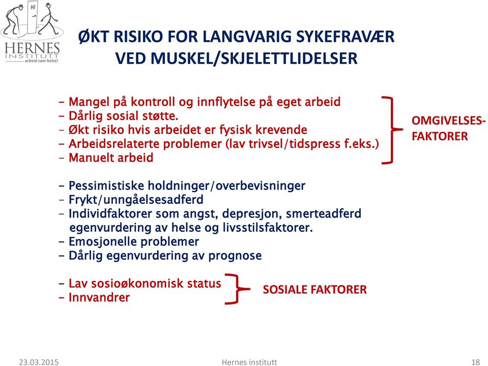 ) - Manuelt arbeid OMGIVELSES- FAKTORER - Pessimistiske holdninger/overbevisninger - Frykt/unngåelsesadferd - Individfaktorer som angst, depresjon,