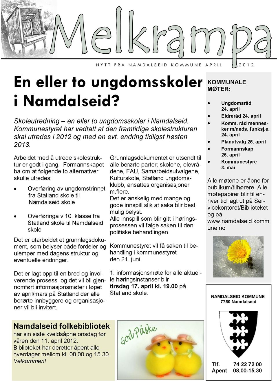 Formannskapet ba om at følgende to alternativer skulle utredes: Overføring av ungdomstrinnet fra Statland skole til Namdalseid skole Overføringa v 10.