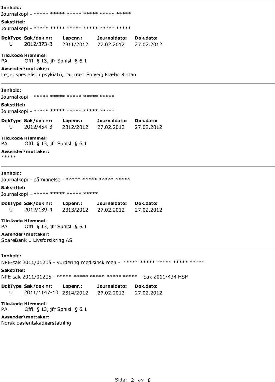 ***** 2012/139-4 2313/2012 SpareBank 1 Livsforsikring AS NPE-sak 2011/01205 - vurdering medisinsk men - *****