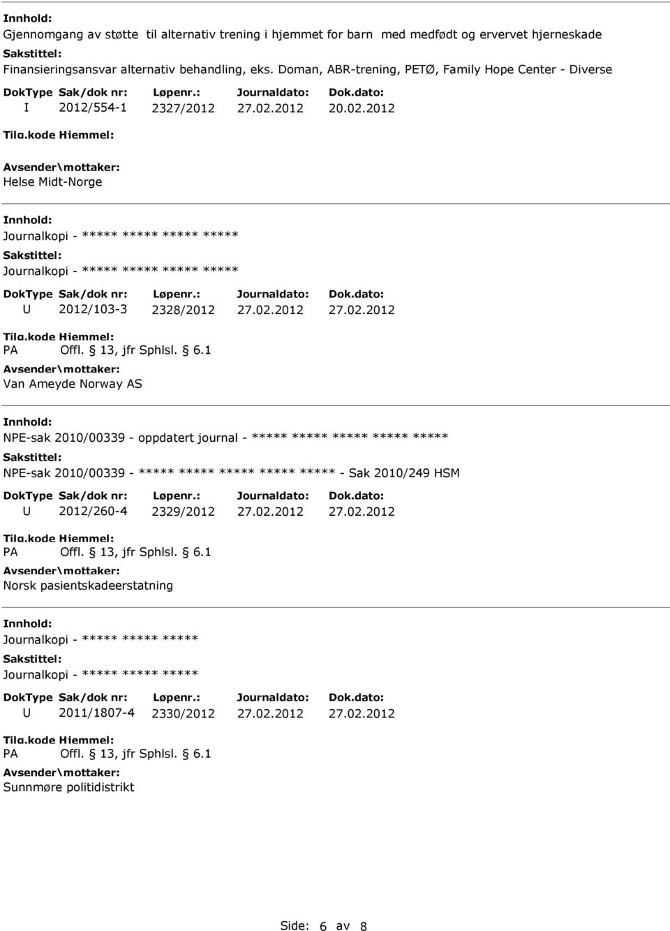 2012 Helse Midt-Norge 2012/103-3 2328/2012 Van Ameyde Norway AS NPE-sak 2010/00339 - oppdatert journal - ***** ***** ***** ***** *****