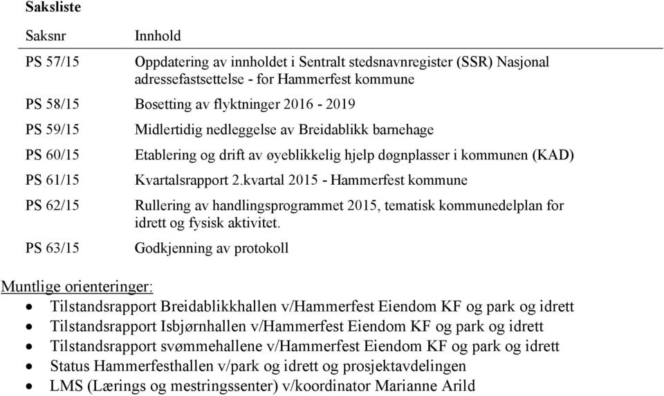 kvartal 2015 - Rullering av handlingsprogrammet 2015, tematisk delplan for idrett og fysisk aktivitet.