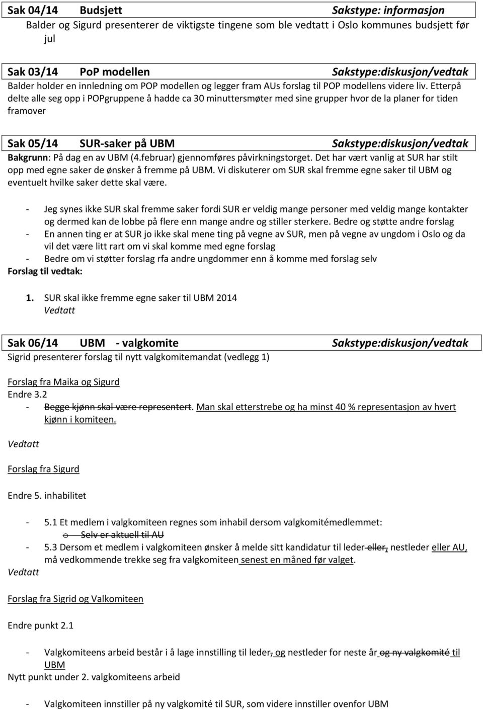 Etterpå delte alle seg opp i POPgruppene å hadde ca 30 minuttersmøter med sine grupper hvor de la planer for tiden framover Sak 05/14 SUR-saker på UBM Sakstype:diskusjon/vedtak Bakgrunn: På dag en av