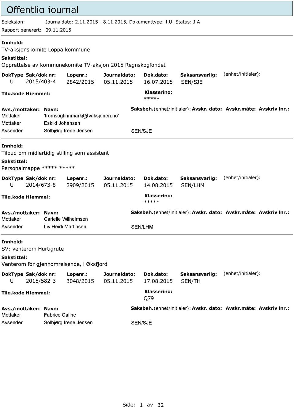 no' Mottaker Eskild Johansen Solbjørg rene Jensen Tilbud om midlertidig stilling som assistent Personalmappe 2014/673-8 2909/2015 14.08.2015 Avs./mottaker: Navn: Saksbeh. Avskr. dato: Avskr.