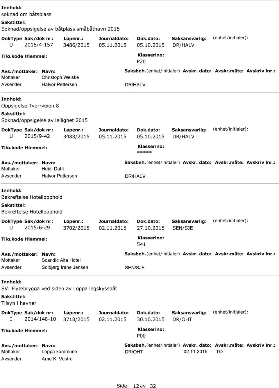 dato: Avskr.måte: Avskriv lnr.: Mottaker Heidi Dahl Halvor Pettersen DR/HALV Bekreftelse Hotellopphold Bekreftelse Hotellopphold 2015/6-29 3702/2015 27.10.2015 541 Avs./mottaker: Navn: Saksbeh. Avskr. dato: Avskr.