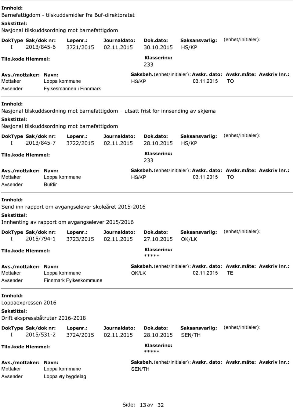 10.2015 233 Avs./mottaker: Navn: Saksbeh. Avskr. dato: Avskr.måte: Avskriv lnr.