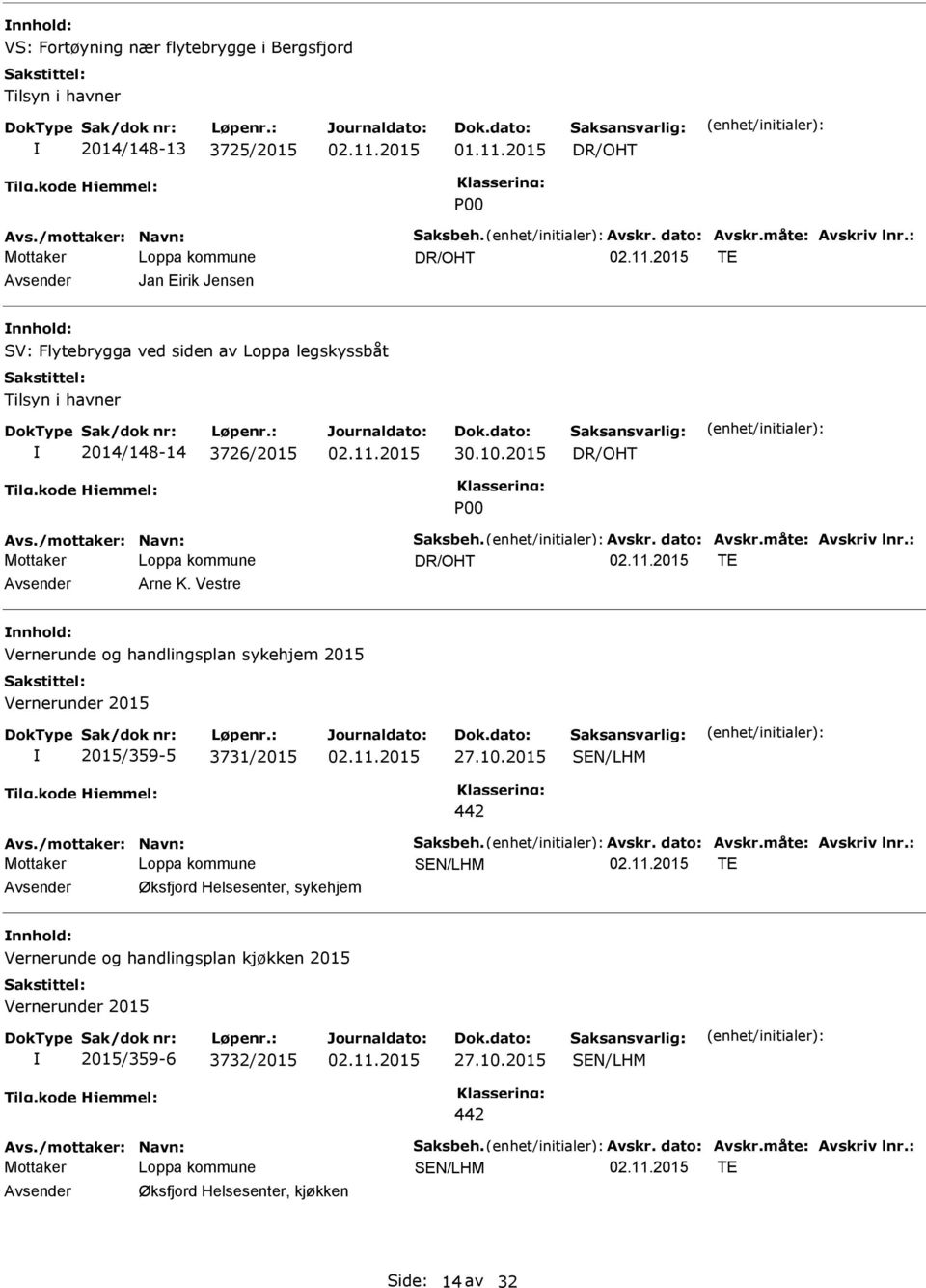 : TE Arne K. Vestre Vernerunde og handlingsplan sykehjem 2015 Vernerunder 2015 2015/359-5 3731/2015 27.10.2015 442 Avs./mottaker: Navn: Saksbeh. Avskr. dato: Avskr.måte: Avskriv lnr.