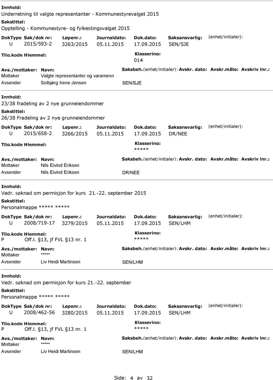 : Mottaker Valgte representanter og varamenn Solbjørg rene Jensen 23/38 fradeling av 2 nye grunneiendommer 26/38 Fradeling av 2 nye grunneiendommer 2015/658-2 3266/2015 17.09.2015 Avs.