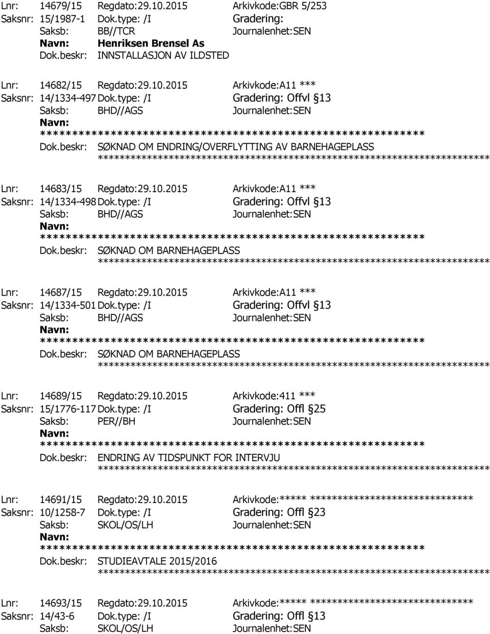 beskr: SØKNAD OM ENDRING/OVERFLYTTING AV BARNEHAGEPLASS ************ Lnr: 14683/15 Regdato:29.10.2015 Arkivkode:A11 *** Saksnr: 14/1334-498 Dok.type: /I Gradering: Offvl 13 Dok.