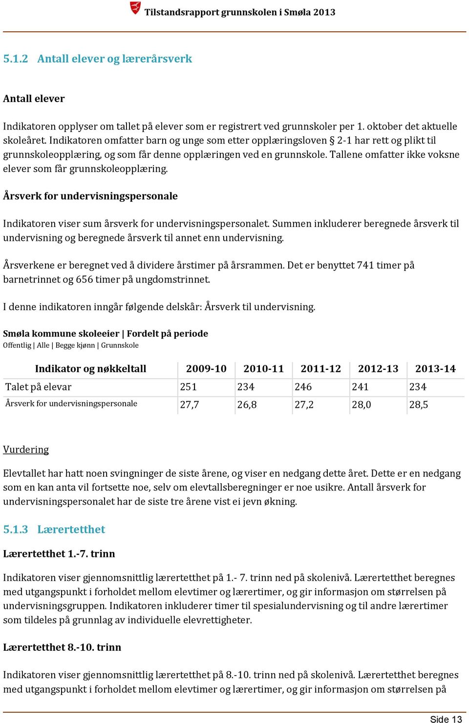 Tallene omfatter ikke voksne elever som får grunnskoleopplæring. Årsverk for undervisningspersonale Indikatoren viser sum årsverk for undervisningspersonalet.