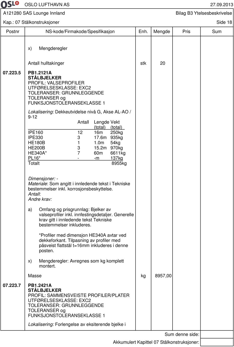 Vekt (total) (total) IPE160 12 16m 250kg IPE330 3 17.6m 935kg HE180B 1 1.0m 54kg HE200B 3 15.