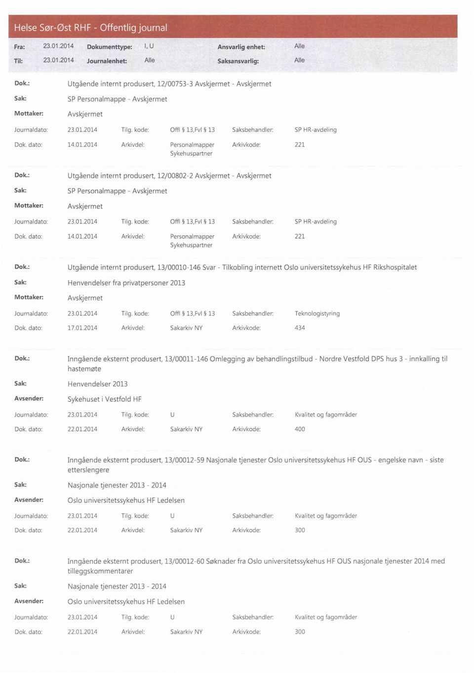 : Utgående internt produsert, 13/00010-146 Svar - Tilkobling internett Oslo universitetssykehus HF Rikshospitalet Sak: Henvendelser fra privatpersoner 2013 Journaldato: 23.01.2014 Tilg.