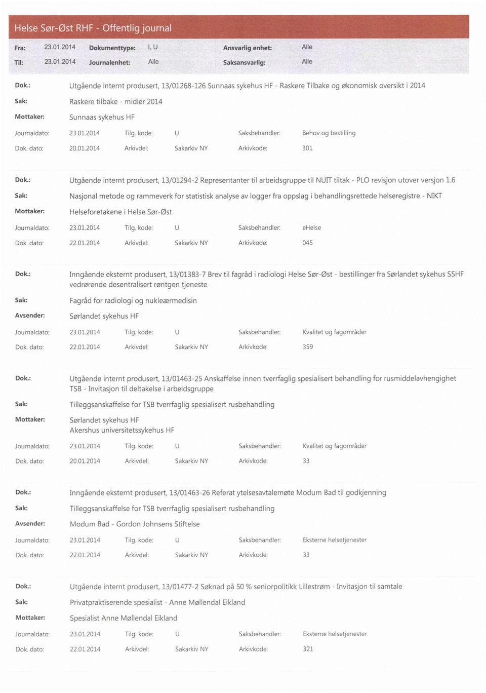 kode: U Saksbehandler: Behov og bestilling Dok. dato: 20.01.2014 Arkivdel: Sakarkiv NY Arkivkode: 301 Dok.