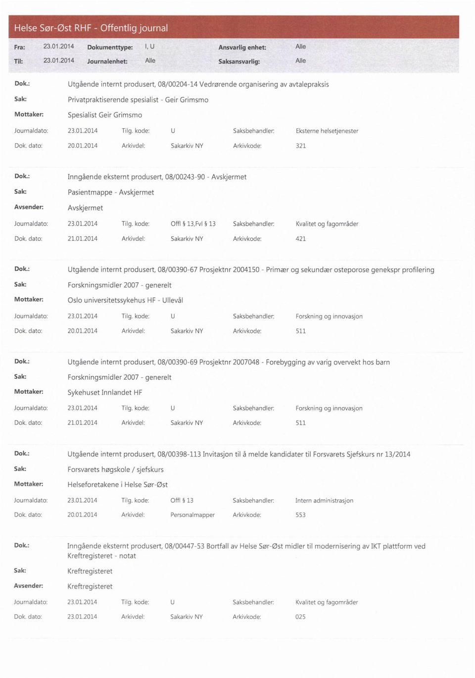 kode: U Saksbehandler: Eksterne helsetjenester Dok. dato: 20.01.2014 Arkivdel: Sakarkiv NY Arkivkode: 321 Dok.: Inngående eksternt produsert, 08/00243-90 - Sak: Pasientmappe - Journaldato: 23.01.2014 Tilg.