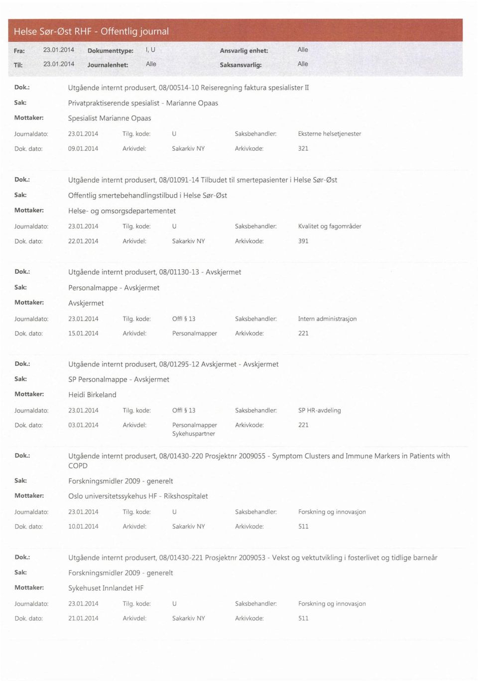 kode: U Saksbehandler: Eksterne helsetjenester Dok. dato: 09.01.2014 Arkivdel: Sakarkiv NY Arkivkode: 321 Dok.