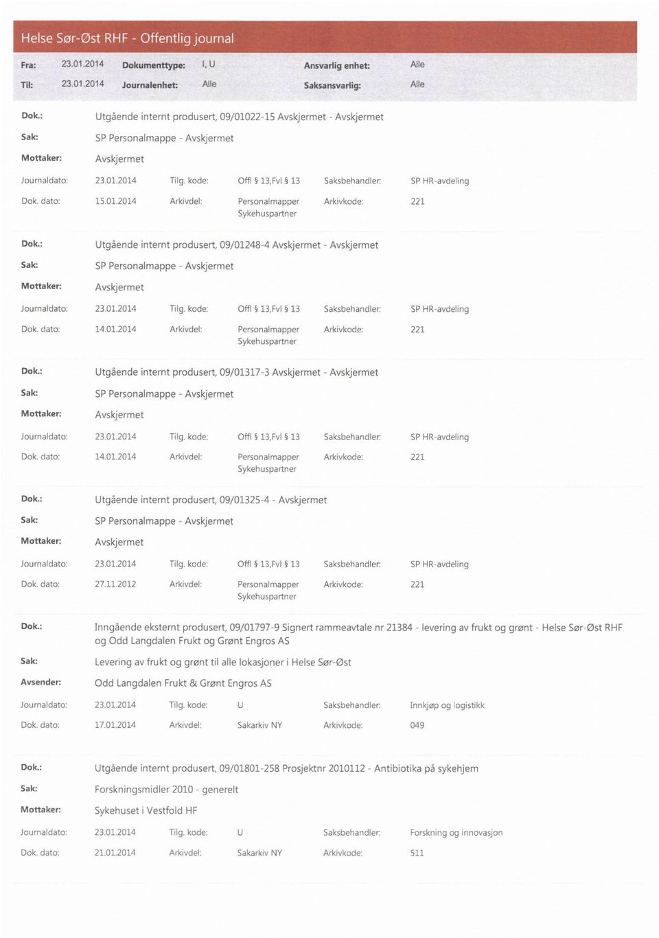 kode: Offl 13,Fv1 13 Saksbehandler: SP HR-avdeling Dok. dato: 14.01.2014 Arkivdel: Personalmapper Arkivkode: 221 Dok.: Utgående internt produsert, 09/01325-4 - Dok. dato: 27.11.