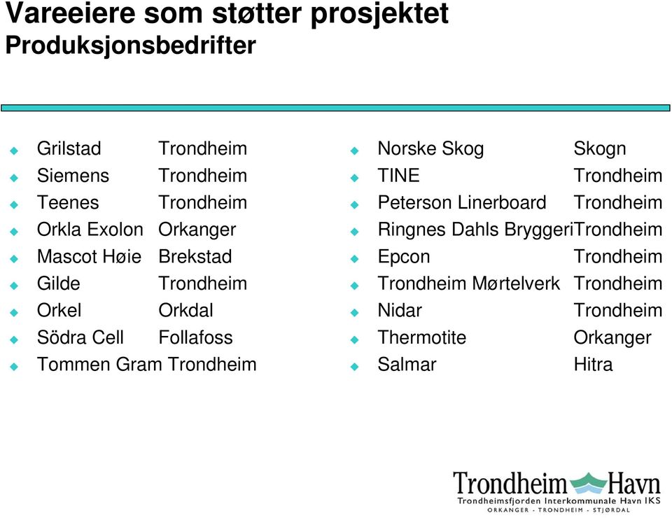 Tommen Gram Trondheim Norske Skog Skogn TINE Trondheim Peterson Linerboard Trondheim Ringnes Dahls