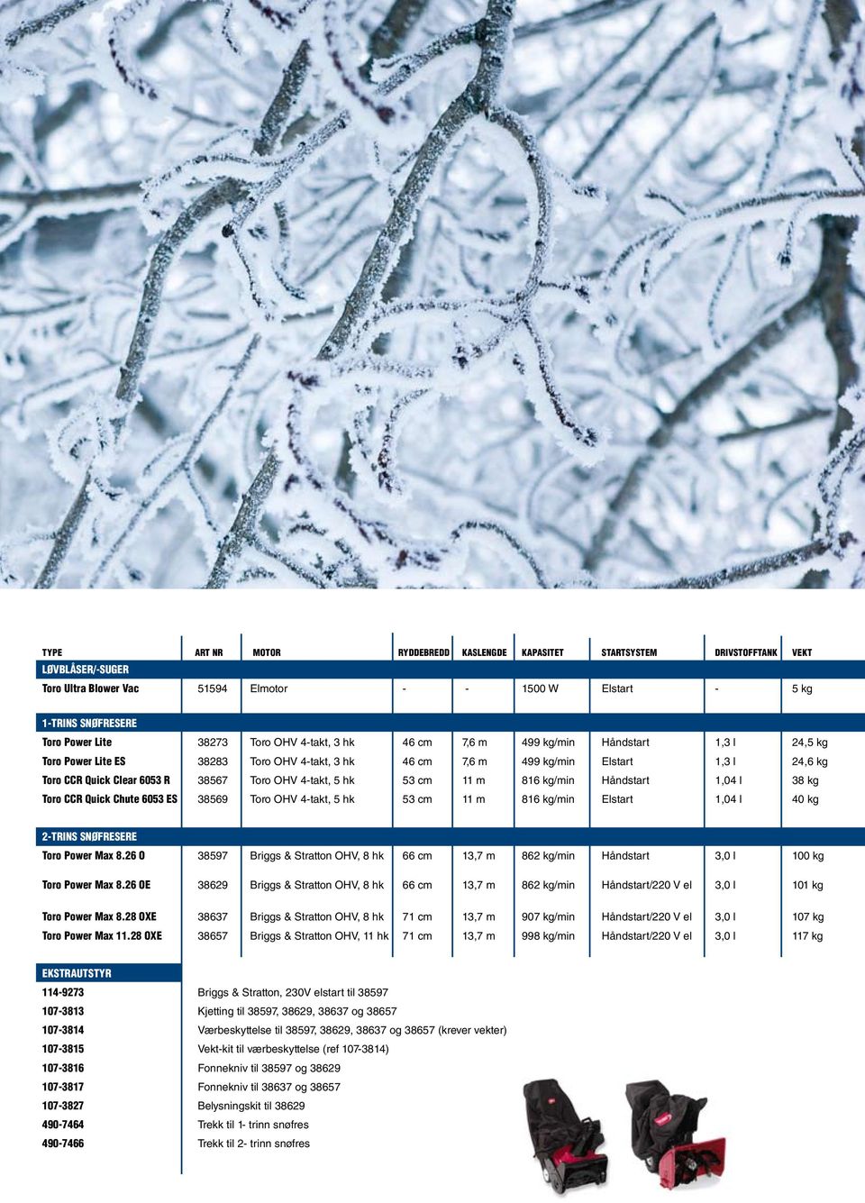 OHV 4-takt, 5 hk 53 cm 11 m 816 kg/min Håndstart 1,04 l 38 kg Toro CCR Quick Chute 6053 ES 38569 Toro OHV 4-takt, 5 hk 53 cm 11 m 816 kg/min Elstart 1,04 l 40 kg 2-trins snøfresere Toro Power Max 8.