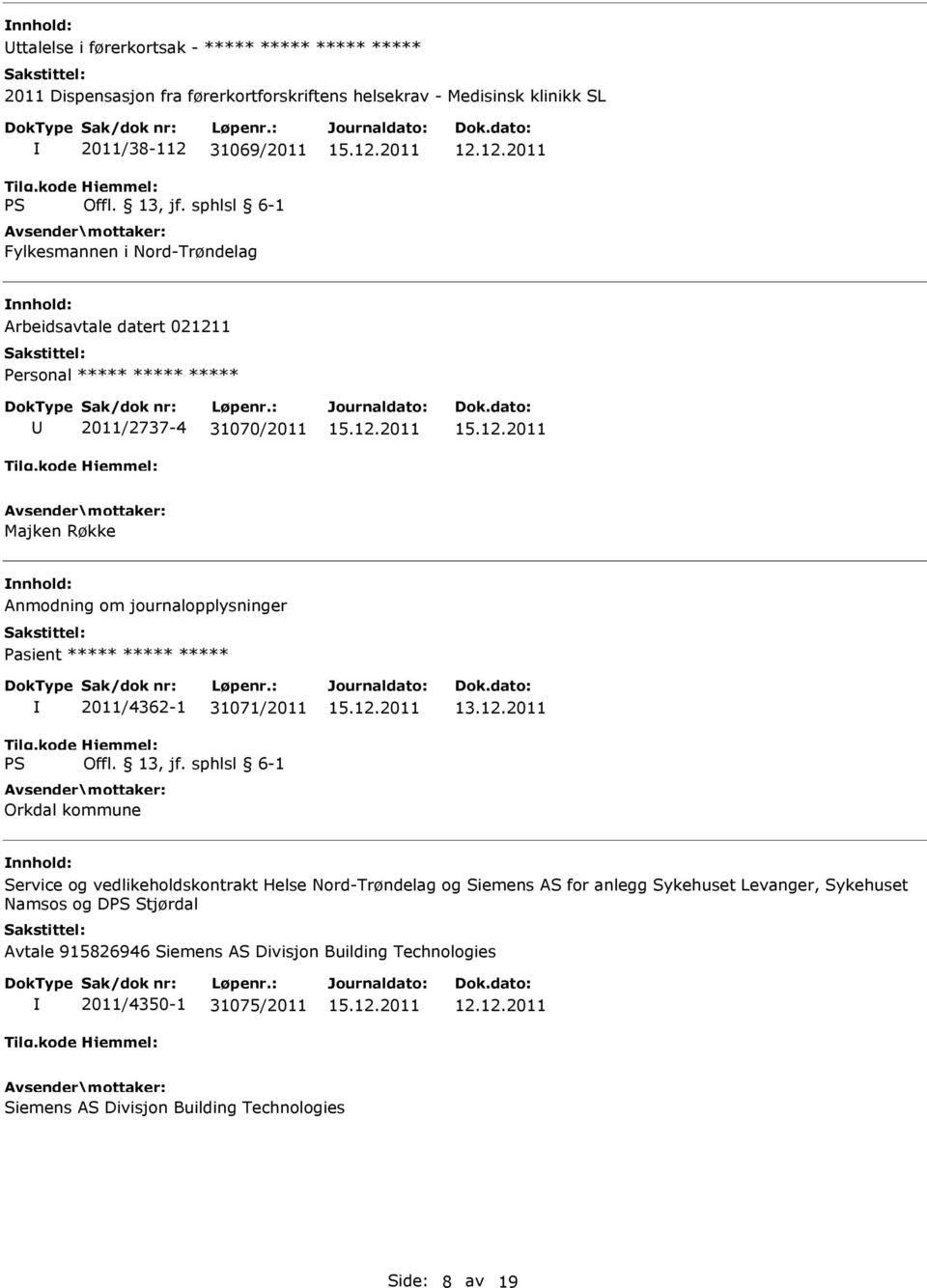 12.2011 Arbeidsavtale datert 021211 2011/2737-4 31070/2011 Majken Røkke Anmodning om journalopplysninger Pasient ***** ***** ***** 2011/4362-1 31071/2011