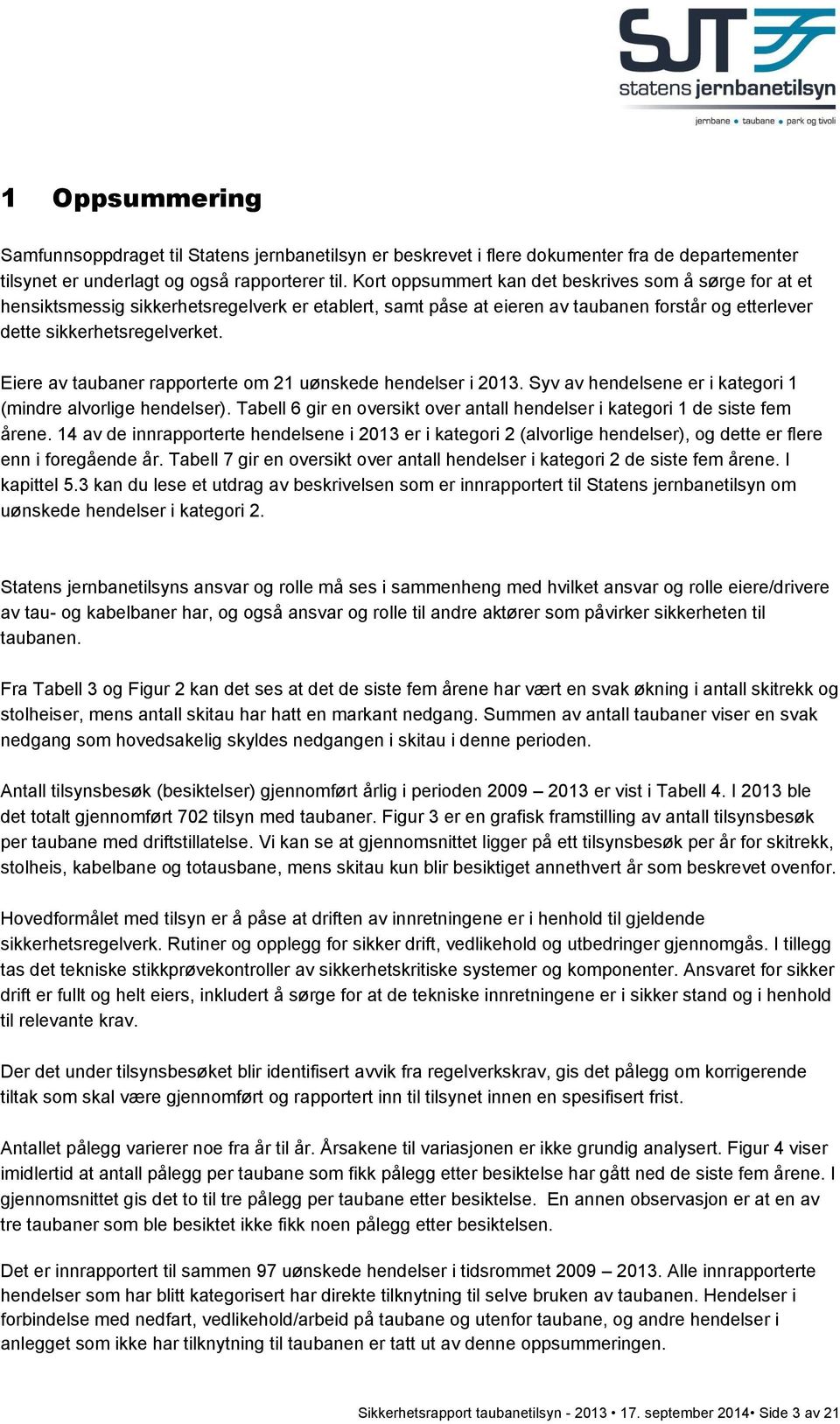 Eiere av taubaner rapporterte om 21 uønskede hendelser i 2013. Syv av hendelsene er i kategori 1 (mindre alvorlige hendelser).