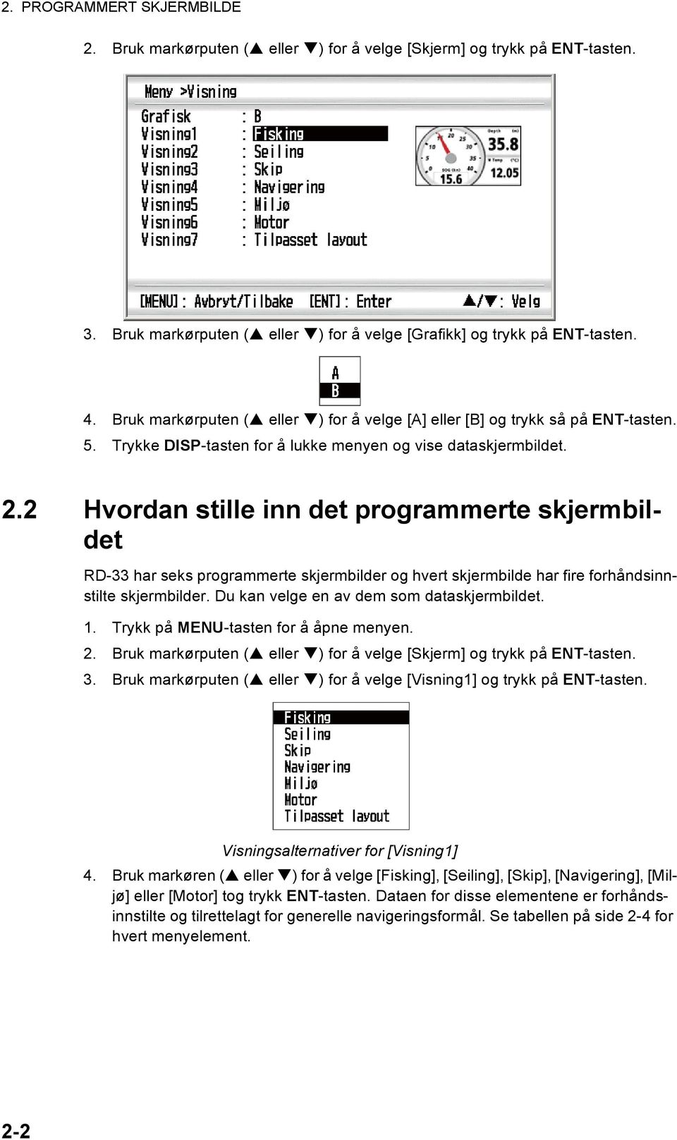 2 Hvordan stille inn det programmerte skjermbildet RD-33 har seks programmerte skjermbilder og hvert skjermbilde har fire forhåndsinnstilte skjermbilder. Du kan velge en av dem som dataskjermbildet.