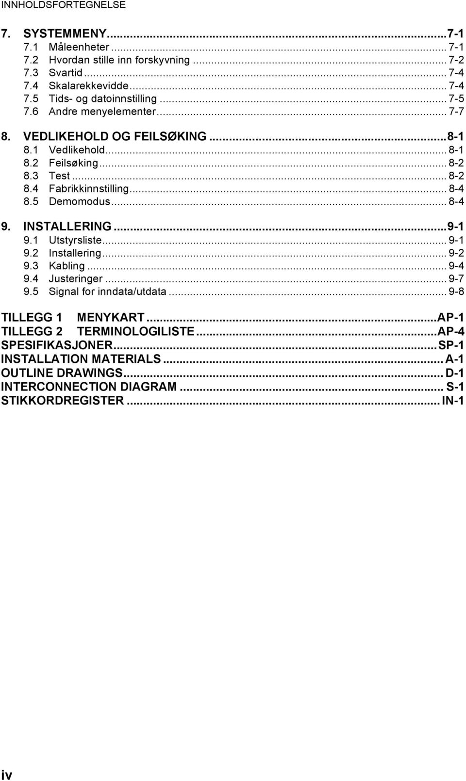 .. 8-4 9. INSTALLERING...9-1 9.1 Utstyrsliste... 9-1 9.2 Installering... 9-2 9.3 Kabling... 9-4 9.4 Justeringer... 9-7 9.5 Signal for inndata/utdata... 9-8 TILLEGG 1 MENYKART.