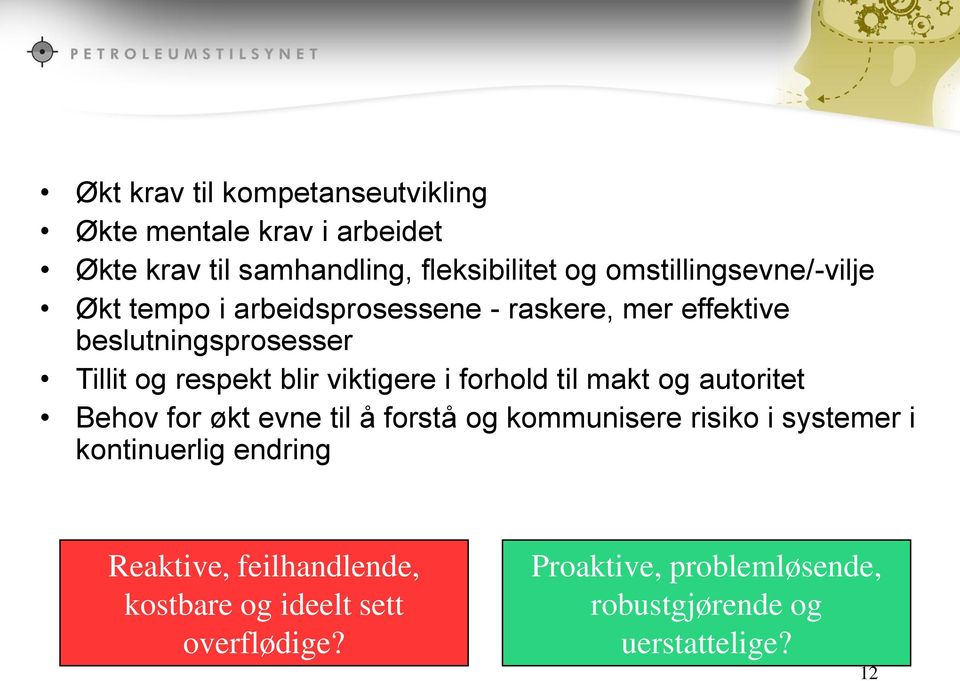 blir viktigere i forhold til makt og autoritet Behov for økt evne til å forstå og kommunisere risiko i systemer i