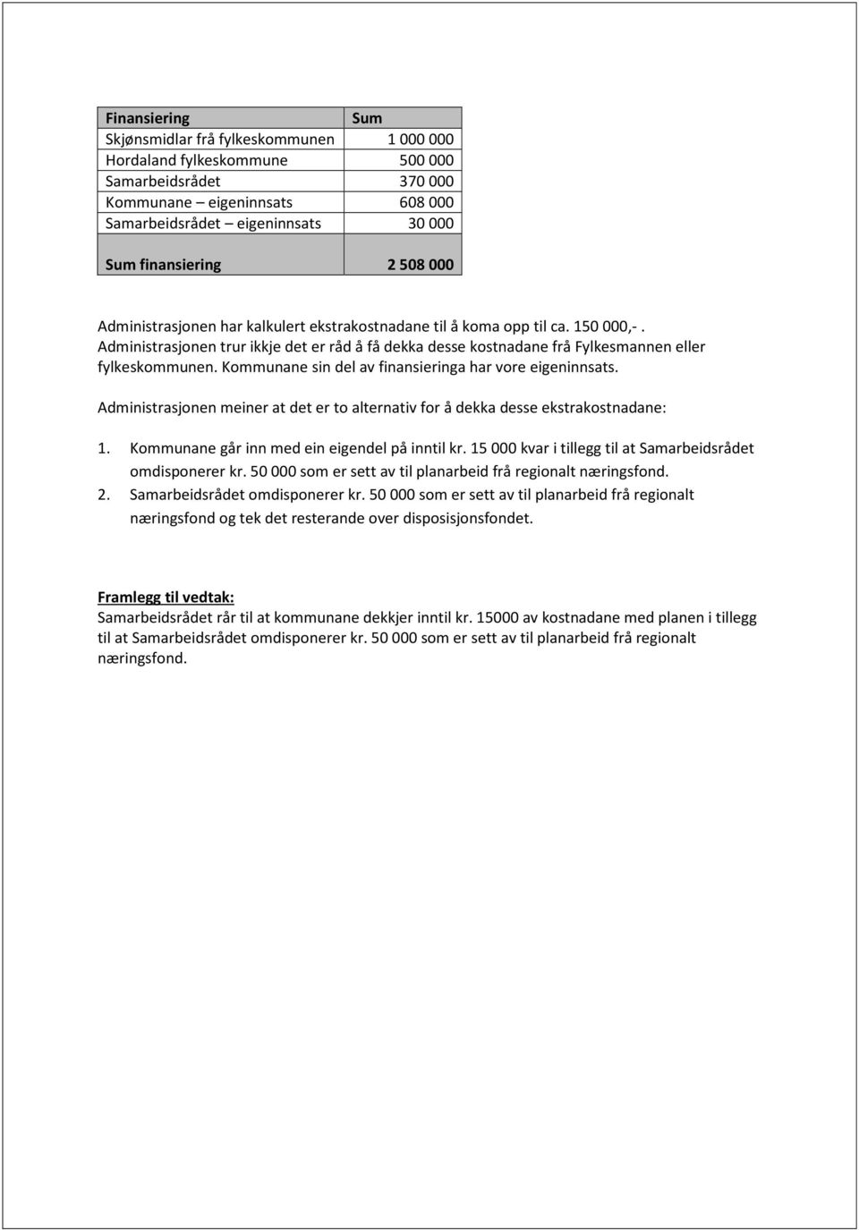 Kommunane sin del av finansieringa har vore eigeninnsats. Administrasjonen meiner at det er to alternativ for å dekka desse ekstrakostnadane: 1. Kommunane går inn med ein eigendel på inntil kr.