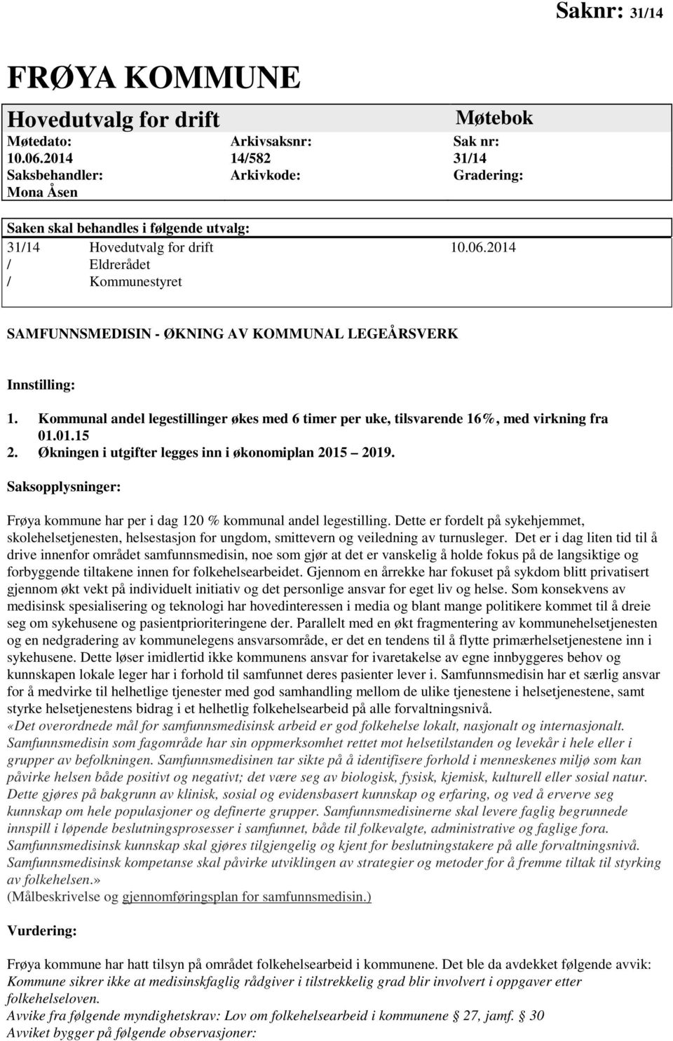 2014 / Eldrerådet / Kommunestyret SAMFUNNSMEDISIN - ØKNING AV KOMMUNAL LEGEÅRSVERK Innstilling: 1. Kommunal andel legestillinger økes med 6 timer per uke, tilsvarende 16%, med virkning fra 01.01.15 2.