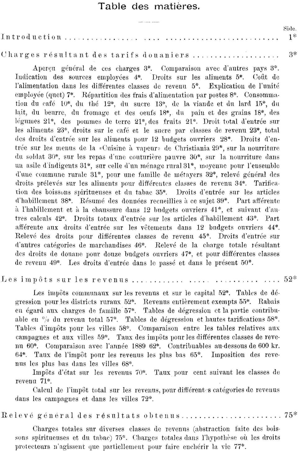 Consommation du café 10*, du the 12*, du sucre 13*, de la viande et du lard 15*, du lait, du beurre, du fromage et des oeufs 18*, du pain et des grains 18*, des légumes 21*, des pommes de terre 21*,