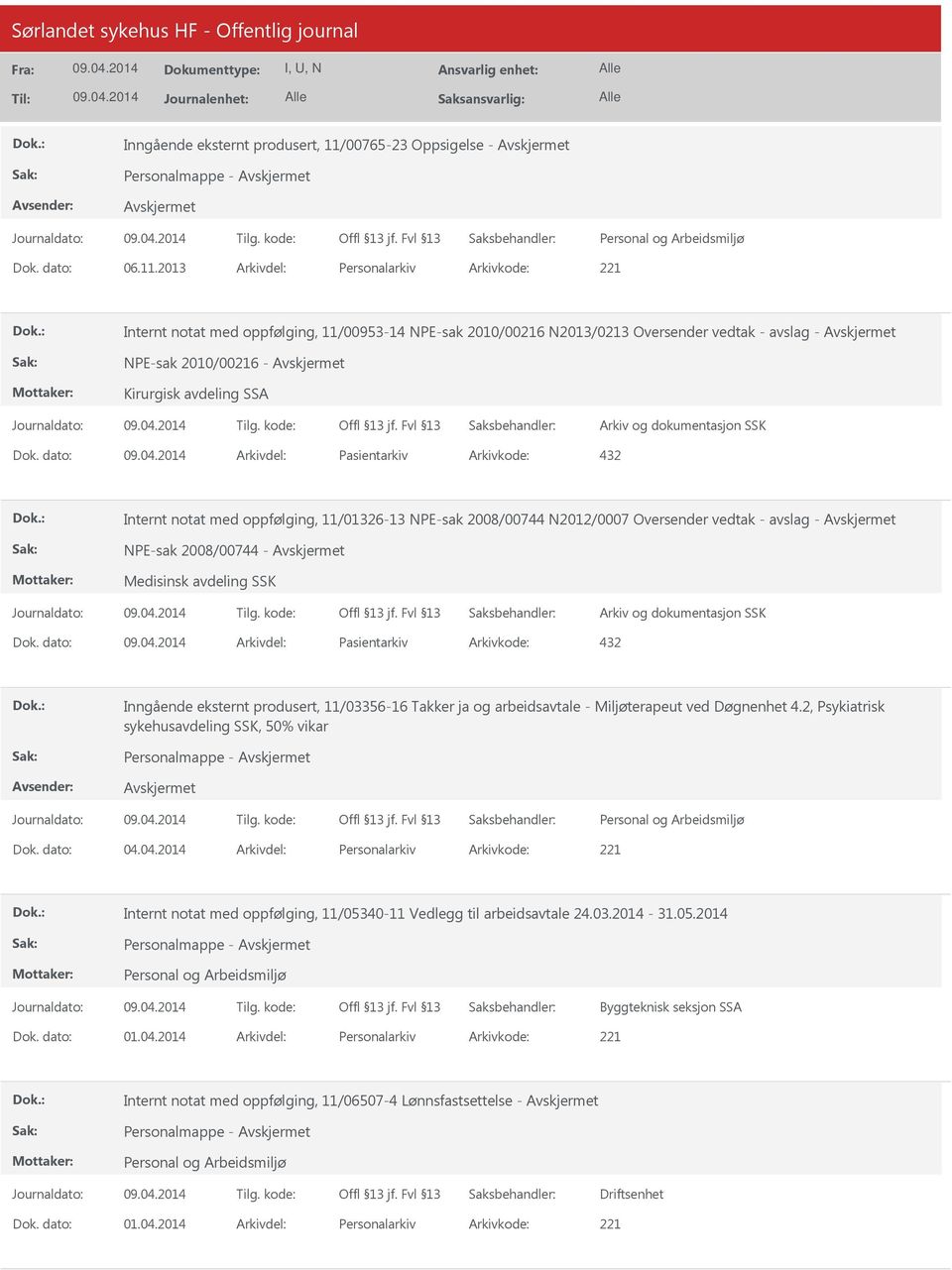 2013 Arkivdel: Personalarkiv Arkivkode: 221 Internt notat med oppfølging, 11/00953-14 NPE-sak 2010/00216 N2013/0213 Oversender vedtak - avslag - NPE-sak 2010/00216 - Kirurgisk avdeling SSA Dok.