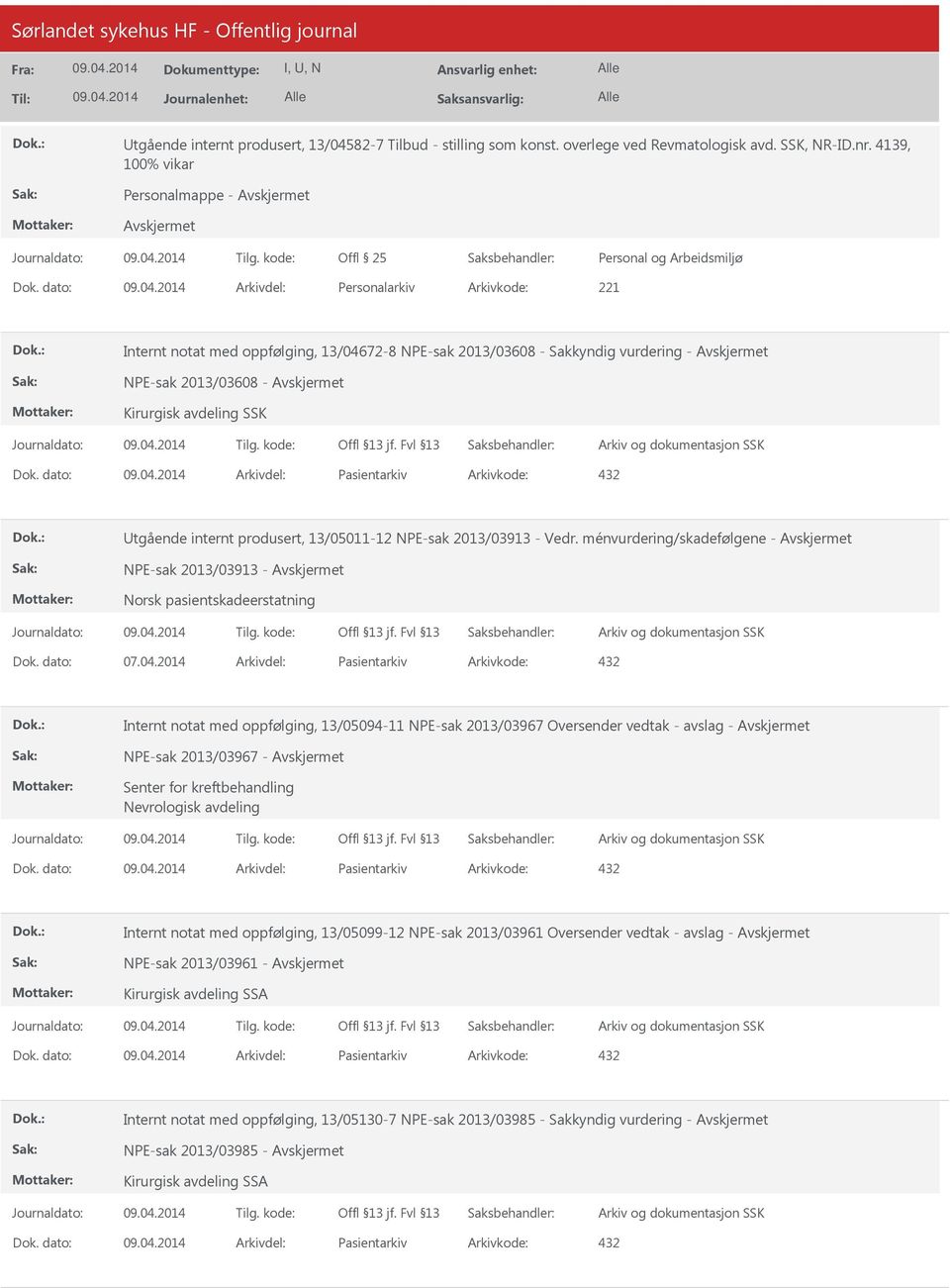 dato: Arkivdel: Pasientarkiv Arkivkode: 432 Utgående internt produsert, 13/05011-12 NPE-sak 2013/03913 - Vedr. ménvurdering/skadefølgene - NPE-sak 2013/03913 - Dok. dato: 07.04.