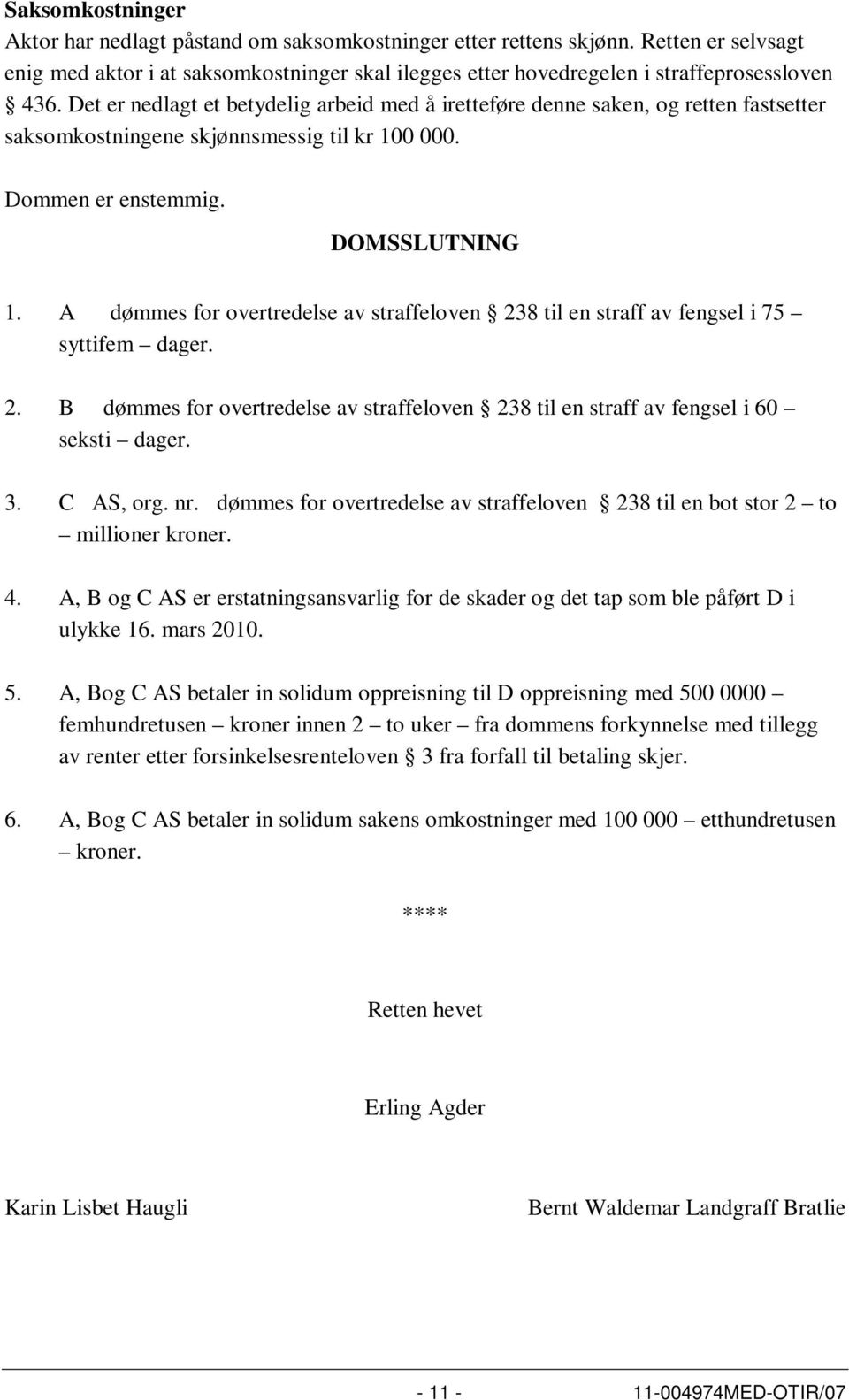 A dømmes for overtredelse av straffeloven 238 til en straff av fengsel i 75 syttifem dager. 2. B dømmes for overtredelse av straffeloven 238 til en straff av fengsel i 60 seksti dager. 3. C AS, org.